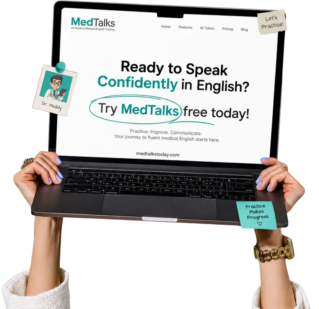 Hands holding a laptop showing the MedTalks site: Ready to speak confidently in English? Try MedTalks free today!